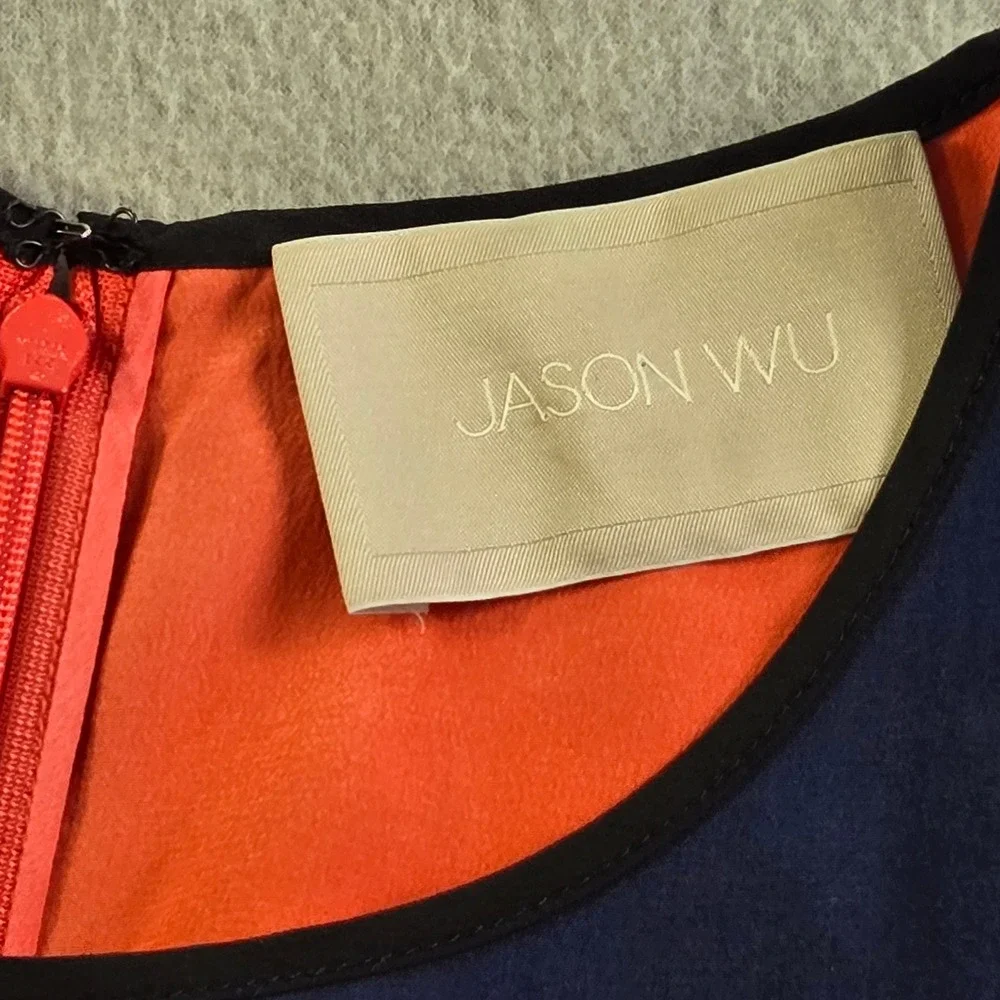 Jason Wu Silk Shift Dress Womens 6 Navy Blue Coral Colorblock Sleeveless Mini